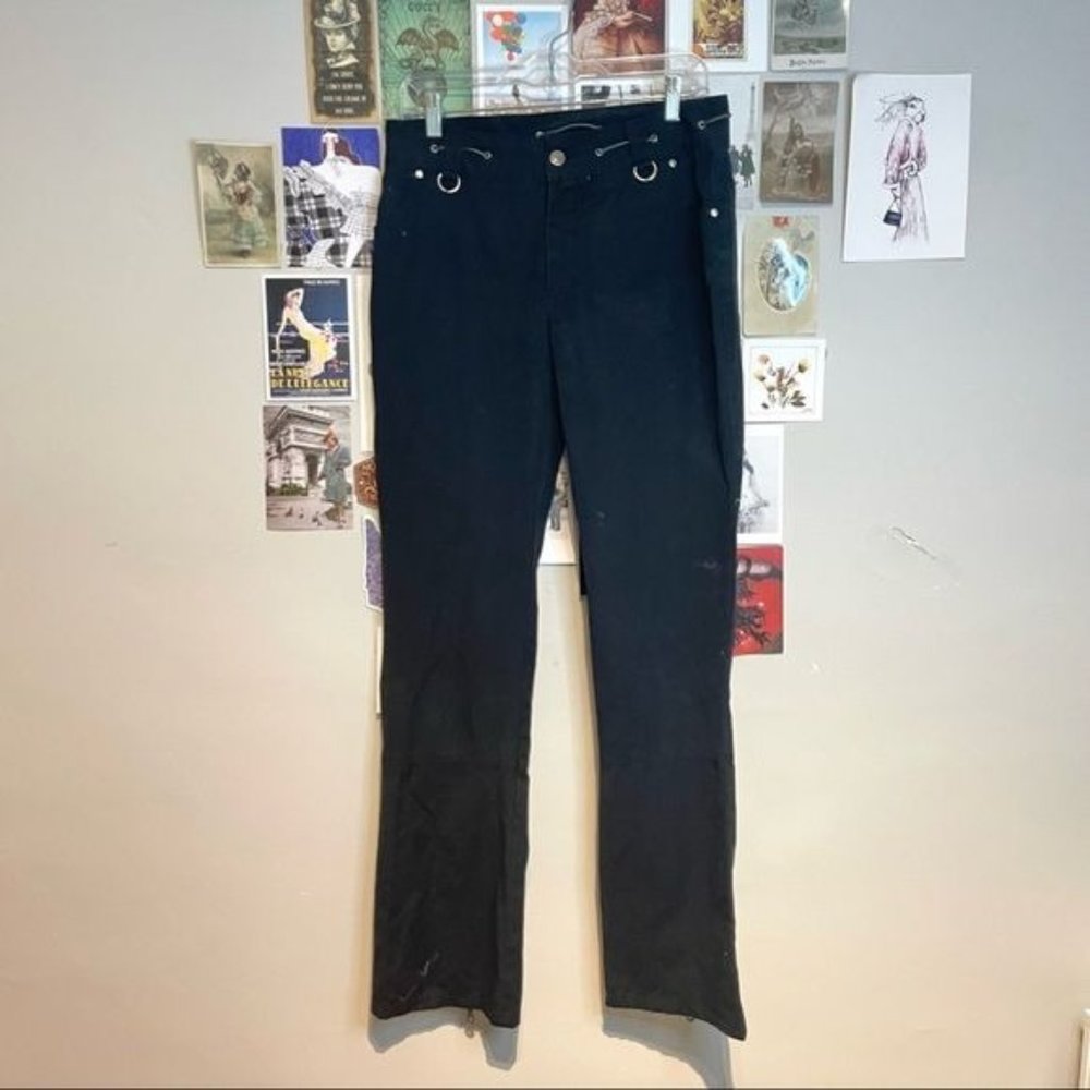 HARLEY DAVIDSON MID RISE D RING EMBROIDERED PATCH ZIP FLARE CARGO PANTS BLACK 6